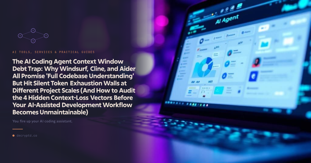 Abstract tech illustration showing AI coding tools context window limitations and token exhaustion challenges in modern development workflows