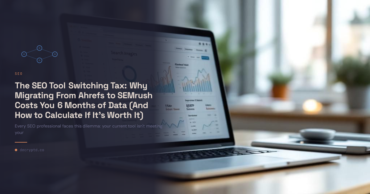 Abstract tech illustration showing SEO tool migration costs and switching between Ahrefs and SEMrush platforms