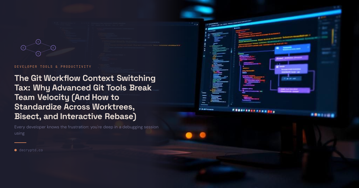 Abstract minimalist tech illustration depicting Git advanced workflows team standardization with interconnected nodes and code branches