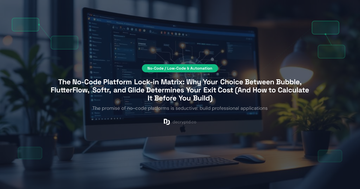 No-code app builder comparison chart showing Bubble, FlutterFlow, Softr, and Glide platform switching costs and exit strategies