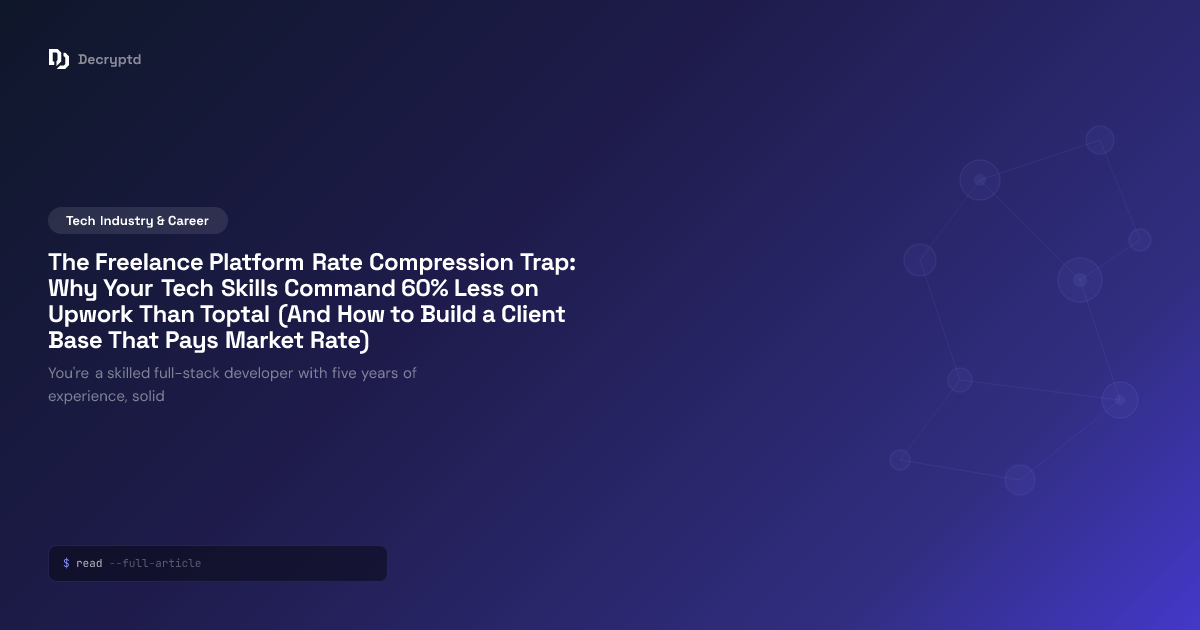 Abstract tech illustration comparing freelance platform pricing for software developers, showing rate compression on Upwork versus Toptal market rates