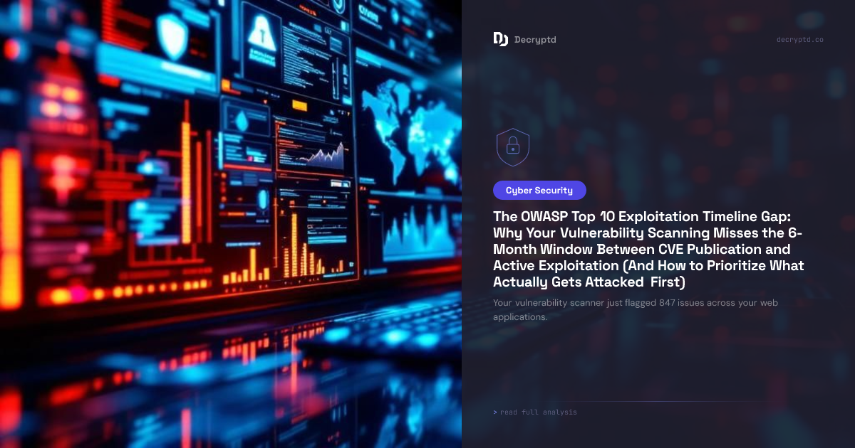 OWASP Top 10 exploitation timeline showing CVE prioritization gap between publication and active attacks abstract tech illustration