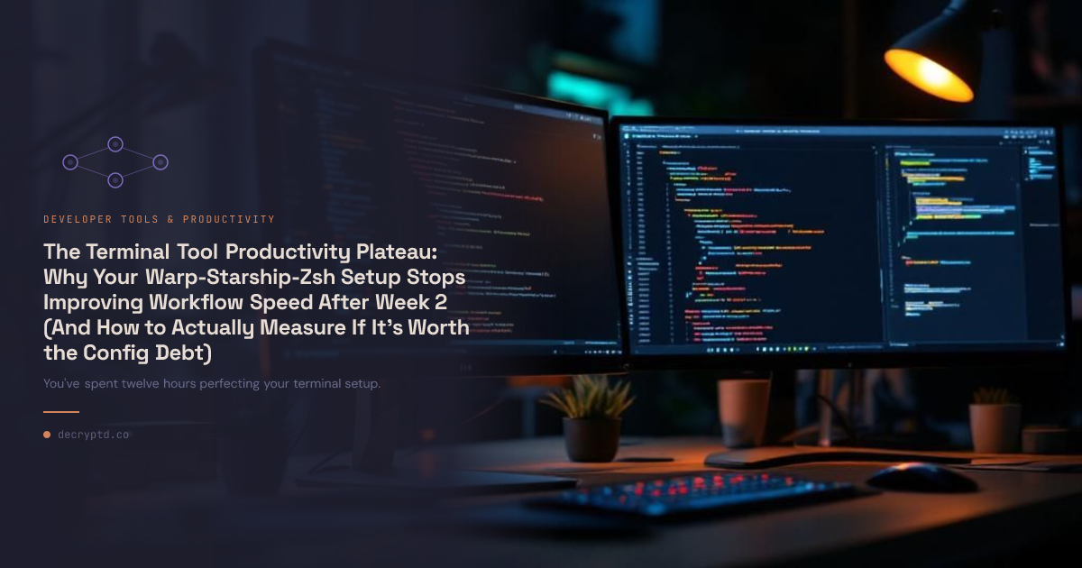 Abstract minimalist tech illustration showing terminal productivity tools ROI measurement and workflow optimization metrics for developers