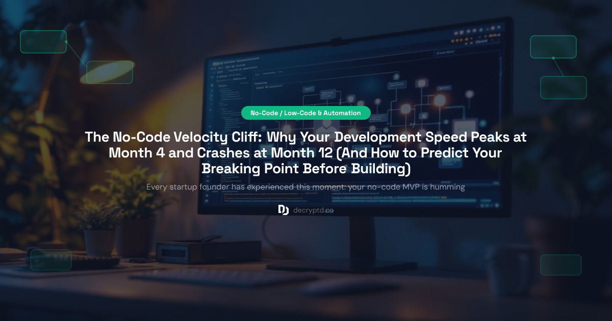 Abstract minimalist tech illustration showing development velocity curve peaking at month 4 then declining, representing when to switch from no-code to custom code