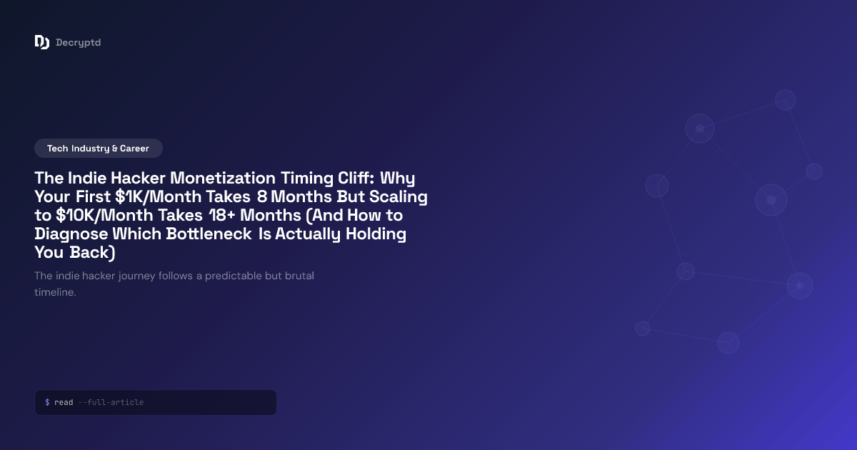 Abstract minimalist tech illustration showing indie hacker scaling bottleneck challenges and monetization growth curve progression