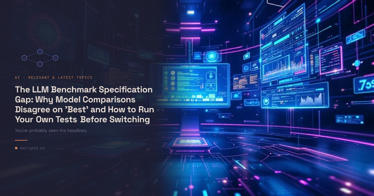 Abstract tech illustration showing LLM benchmark comparison methodology with diverging data paths and performance metrics visualization
