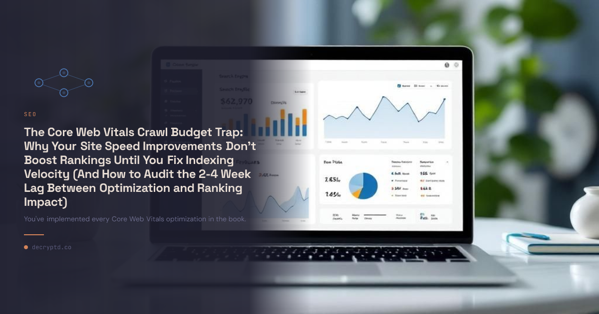 Abstract minimalist tech illustration showing core web vitals crawl budget indexing optimization with interconnected nodes and speed metrics visualization
