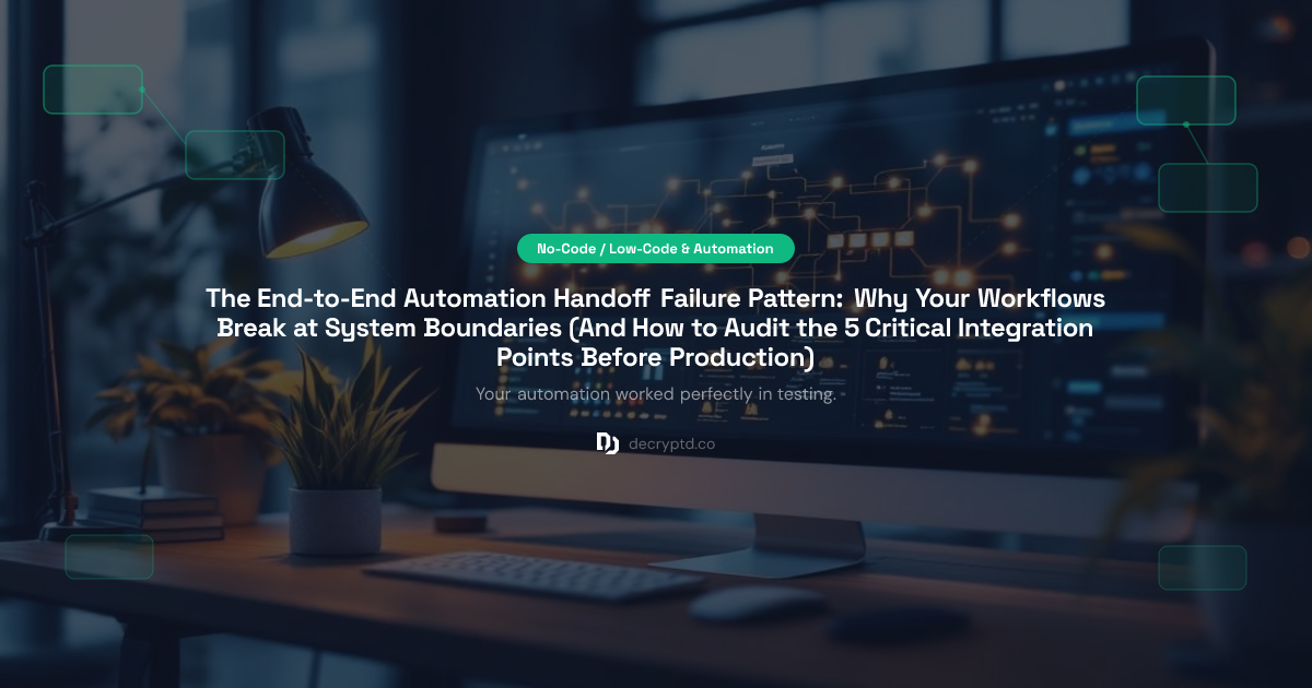 Abstract minimalist tech illustration showing end-to-end workflow automation failures at system integration boundaries and connection points