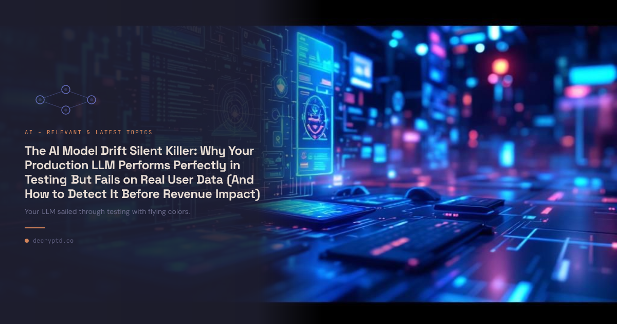 Abstract tech illustration showing AI model drift in production systems with data divergence visualization and monitoring concepts