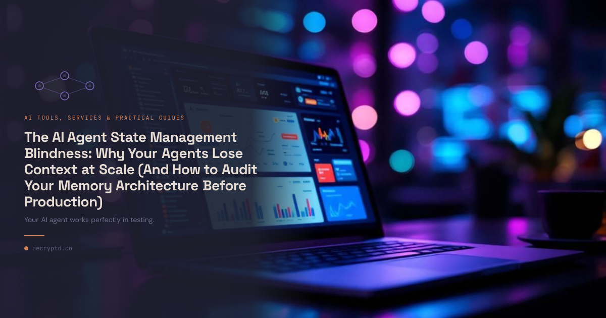 AI agent state management patterns visualization showing abstract tech illustration of context flow and memory architecture for production systems