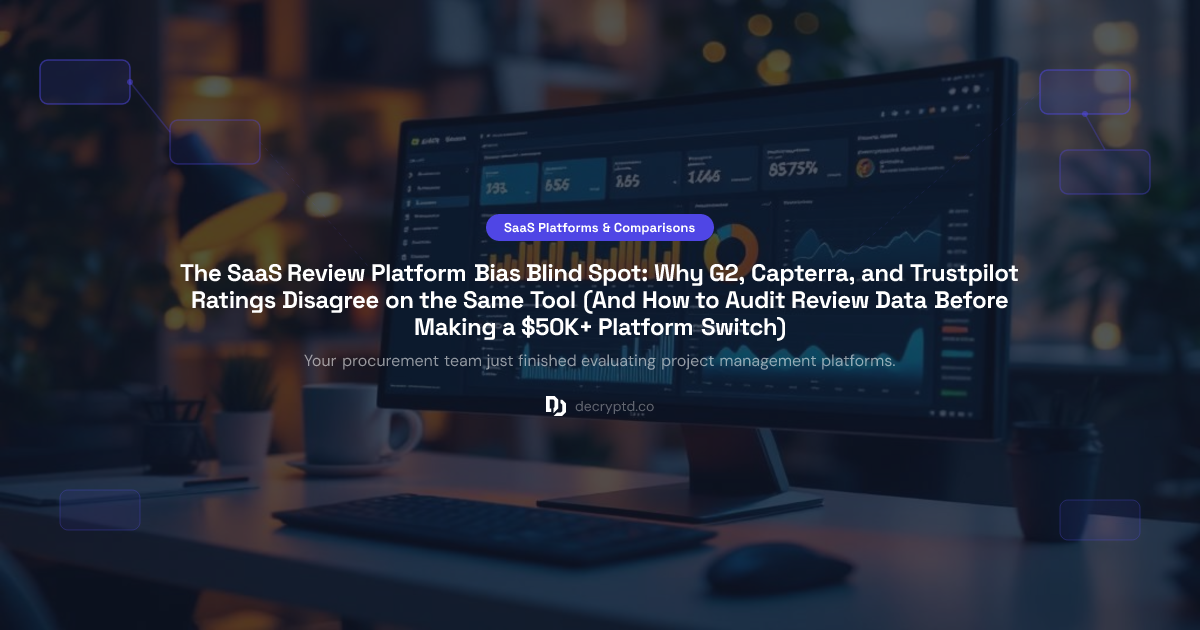Abstract tech illustration showing SaaS review platform comparison ratings bias across G2, Capterra, and Trustpilot platforms