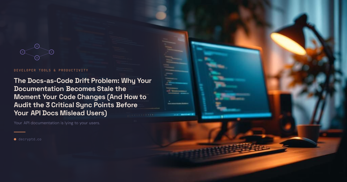 Abstract minimalist tech illustration showing documentation drift concept with docs-as-code synchronization challenges and code changes