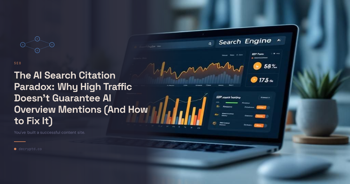 Abstract tech illustration showing why content not cited in AI search engines despite high traffic and visibility online