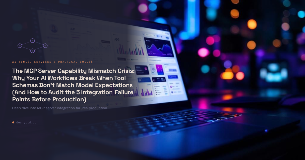 Abstract tech illustration showing misaligned server integration components, MCP server capability mismatch crisis, AI workflow failures and production integration points