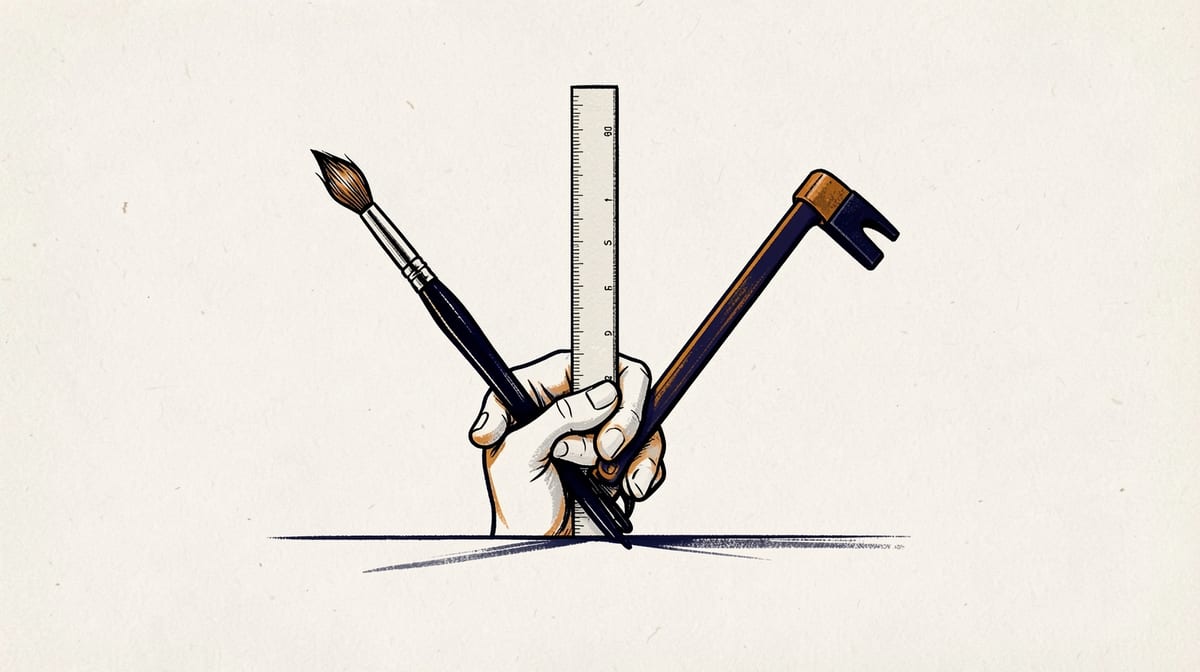 Hand holding paintbrush, straightedge, and lever positioned above a surface, each tool aligned with different tasks below.