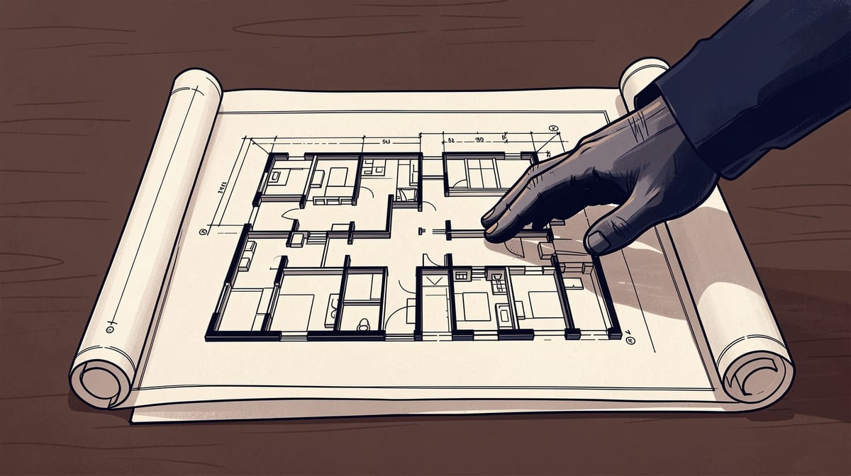 Architectural blueprint of a building's interior layout unrolled on a table with a thief's hand reaching toward it