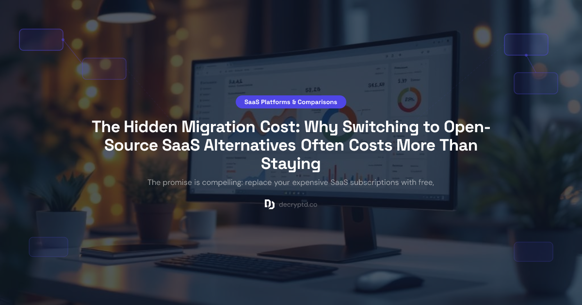 Open source SaaS alternative cost comparison abstract tech illustration showing hidden migration expenses and switching costs