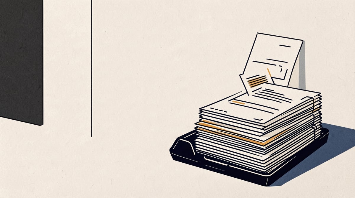 Stack of intake forms piling up beside an empty inbox tray, with a single form moving through an open door in the background