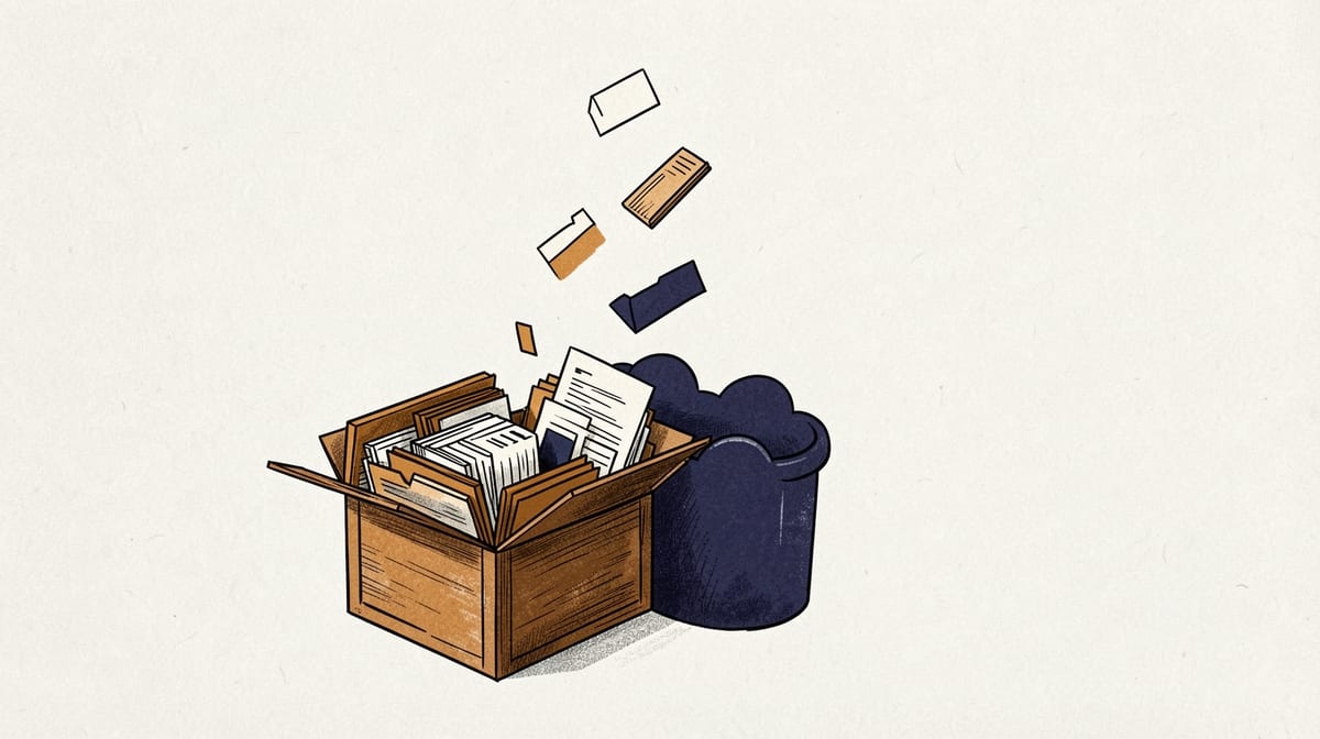 Wooden box with organized folders and documents beside an open cloud-shaped container with items floating upward, representing data migration or cloud storage transition.
