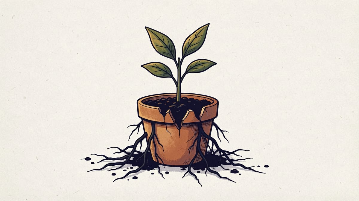 Seedling in cracked pot with roots bursting through sides and spilling onto table surface.