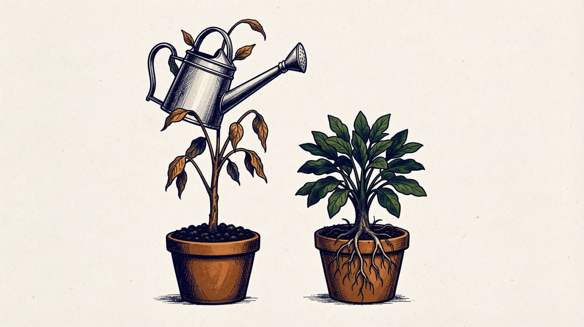 Two potted plants side by side: left plant is tall and thin with wilting leaves under a large watering can; right plant is shorter, sturdy with deep green leaves and visible roots.