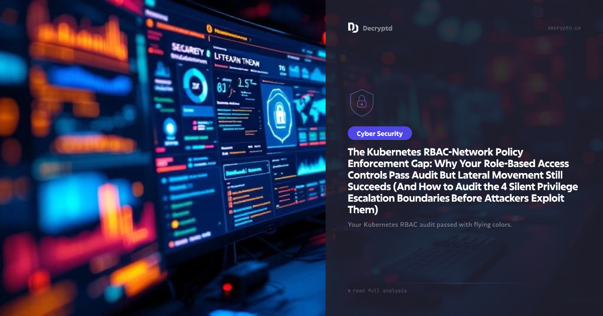 Kubernetes RBAC network policy enforcement gap illustrated with abstract minimalist tech design showing security boundaries and lateral movement risks