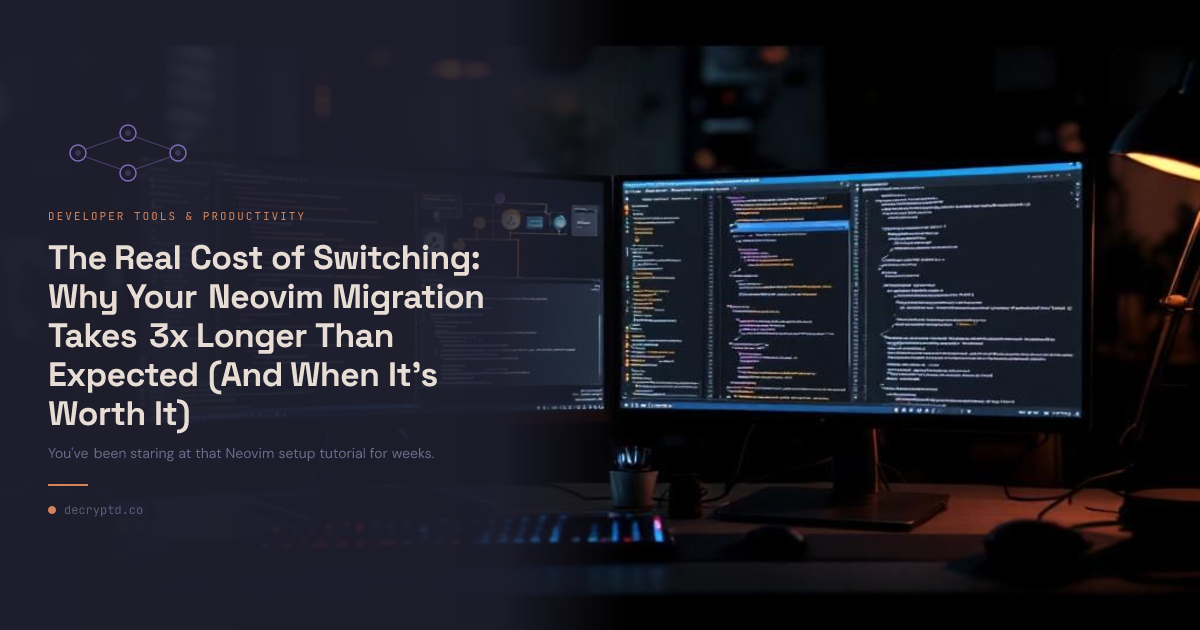 Neovim vs VSCode JetBrains migration cost comparison abstract tech illustration showing timeline and complexity factors