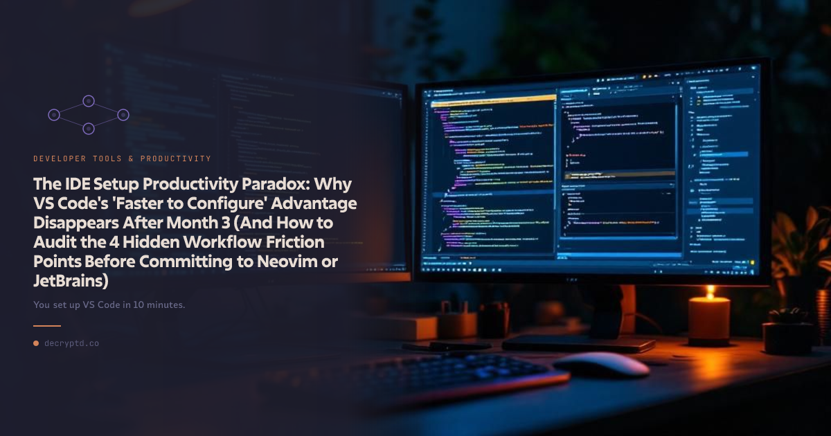 VS Code JetBrains Neovim productivity comparison abstract tech illustration showing IDE setup workflow efficiency