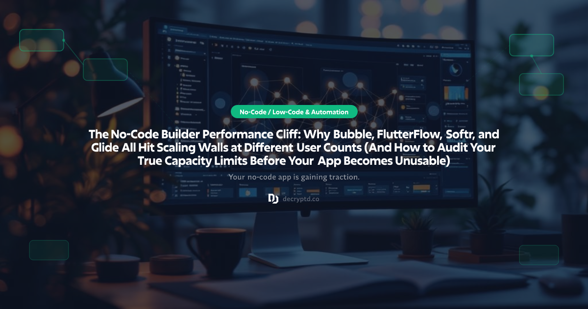No-code app builder scaling limits performance comparison chart showing Bubble, FlutterFlow, Softr, and Glide hitting capacity walls at different user counts