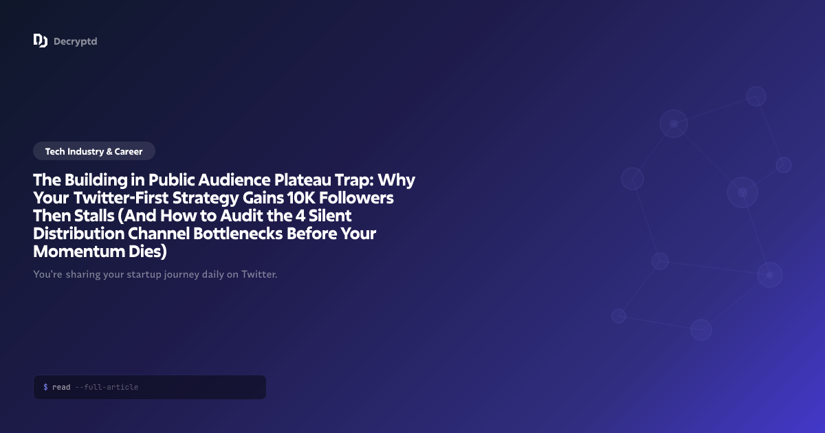 Abstract minimalist tech illustration showing building in public audience growth plateau with stalled momentum visualization and distribution channel bottlenecks