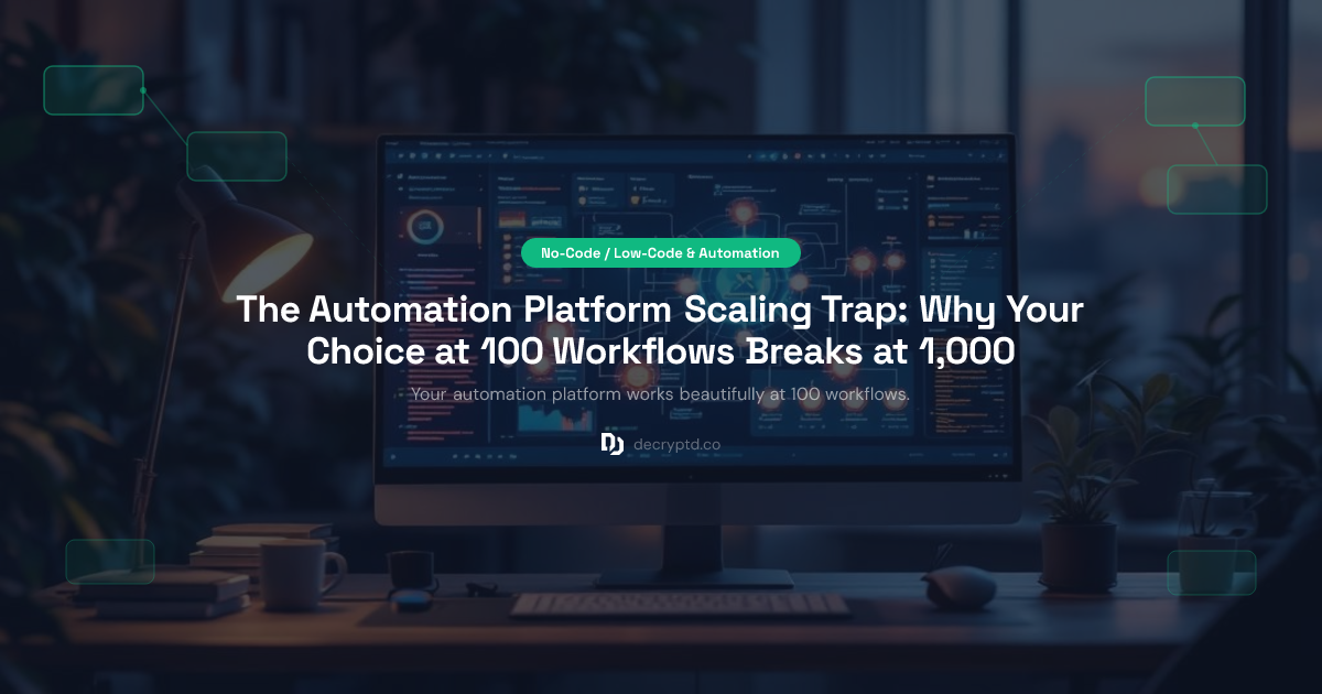 Abstract minimalist tech illustration showing automation platform scaling challenges and workflow complexity growth for enterprise automation platform comparison