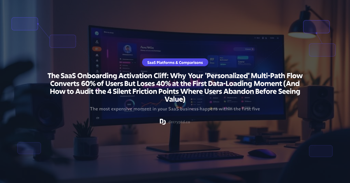 SaaS onboarding UX teardown showing abstract minimalist tech illustration of user activation funnel and conversion drop-off points