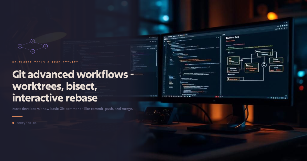 Abstract minimalist tech illustration representing Git advanced workflows including worktrees, bisect, and interactive rebase techniques